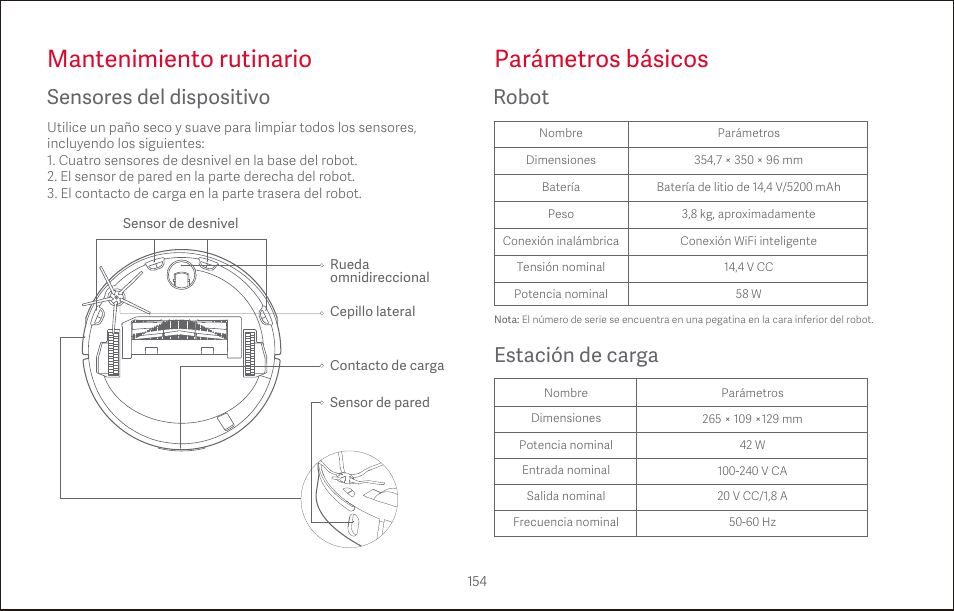 Mantenimiento rutinario parámetros básicos, Sensores del dispositivo, Robot | Estación de carga | Roborock S4 CE User Manual | Page 157 / 168