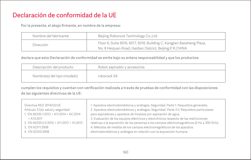 Declaración de conformidad de la ue | Roborock S4 CE User Manual | Page 163 / 168