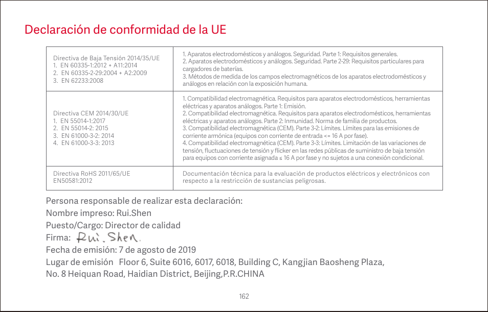Declaración de conformidad de la ue | Roborock S4 CE User Manual | Page 165 / 168