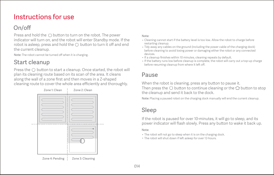 Instructions for use, On/o ﬀ, Start cleanup | Pause, Sleep | Roborock S4 CE User Manual | Page 17 / 168