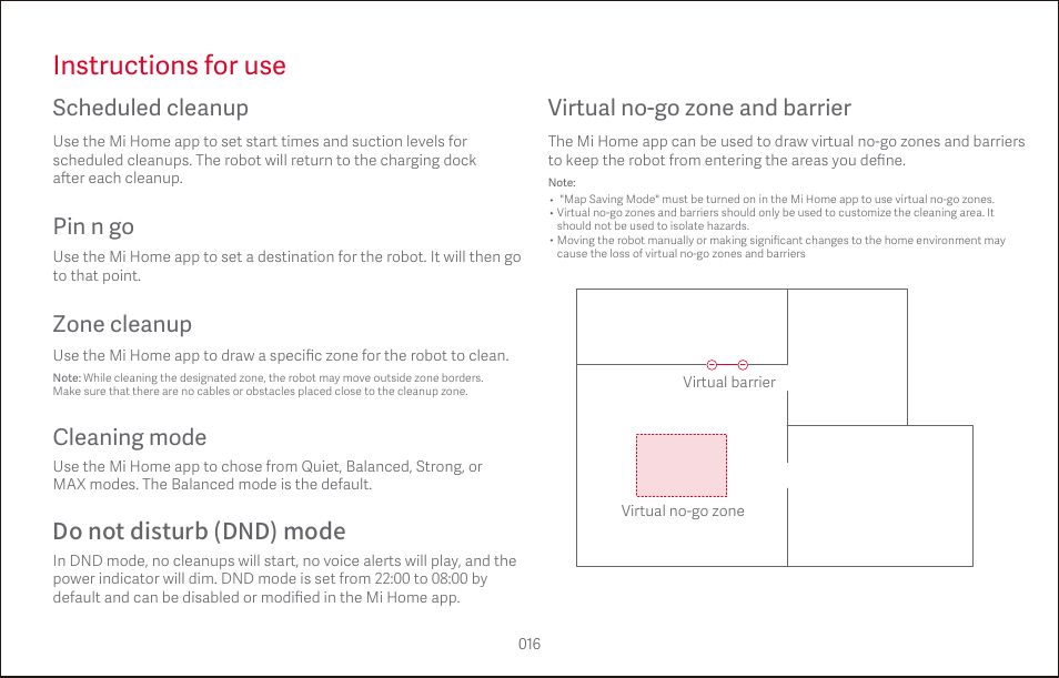 Instructions for use, Scheduled cleanup, Pin n go | Cleaning mode virtual no-go zone and barrier, Zone cleanup | Roborock S4 CE User Manual | Page 19 / 168