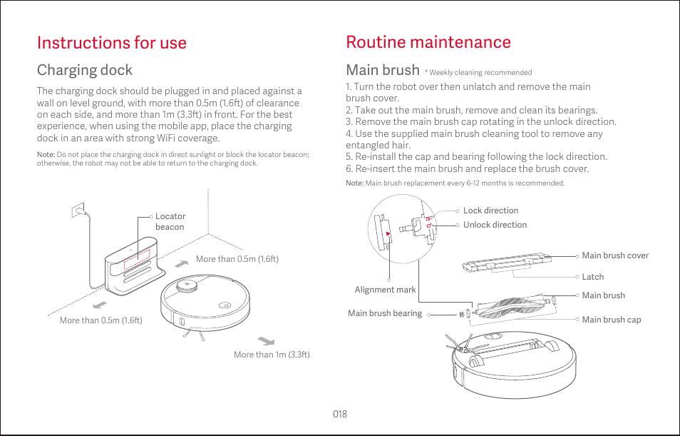 Instructions for use, Routine maintenance, Charging dock | Main brush | Roborock S4 CE User Manual | Page 21 / 168