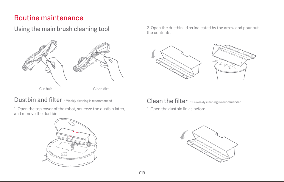 Routine maintenance, Clean the filter, Using the main brush cleaning tool | Dustbin and filter | Roborock S4 CE User Manual | Page 22 / 168