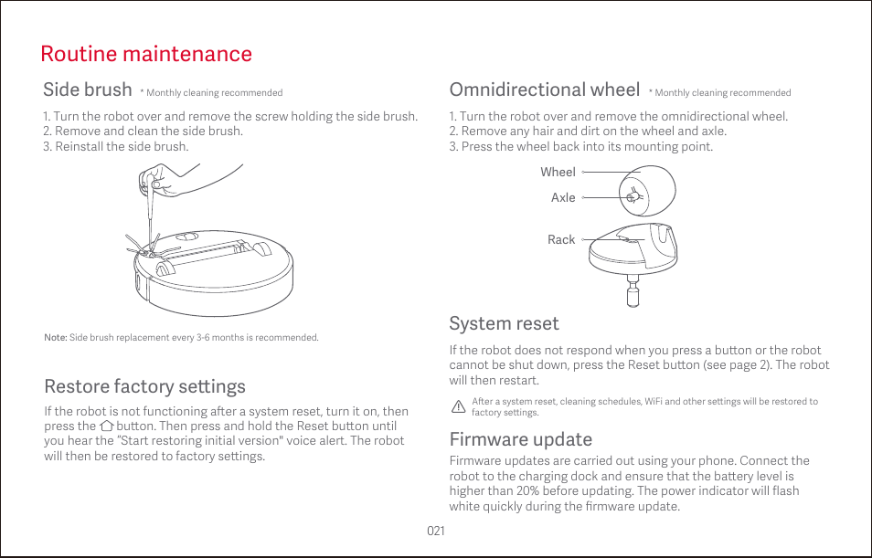 Routine maintenance, Side brush, Omnidirectional wheel | System reset, Restore factory se tt ings firmware update | Roborock S4 CE User Manual | Page 24 / 168