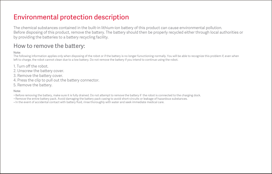Environmental protection description, How to remove the ba tt ery | Roborock S4 CE User Manual | Page 30 / 168