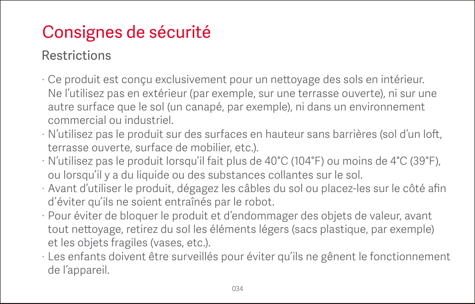 Consignes de sécurité, Restrictions | Roborock S4 CE User Manual | Page 37 / 168