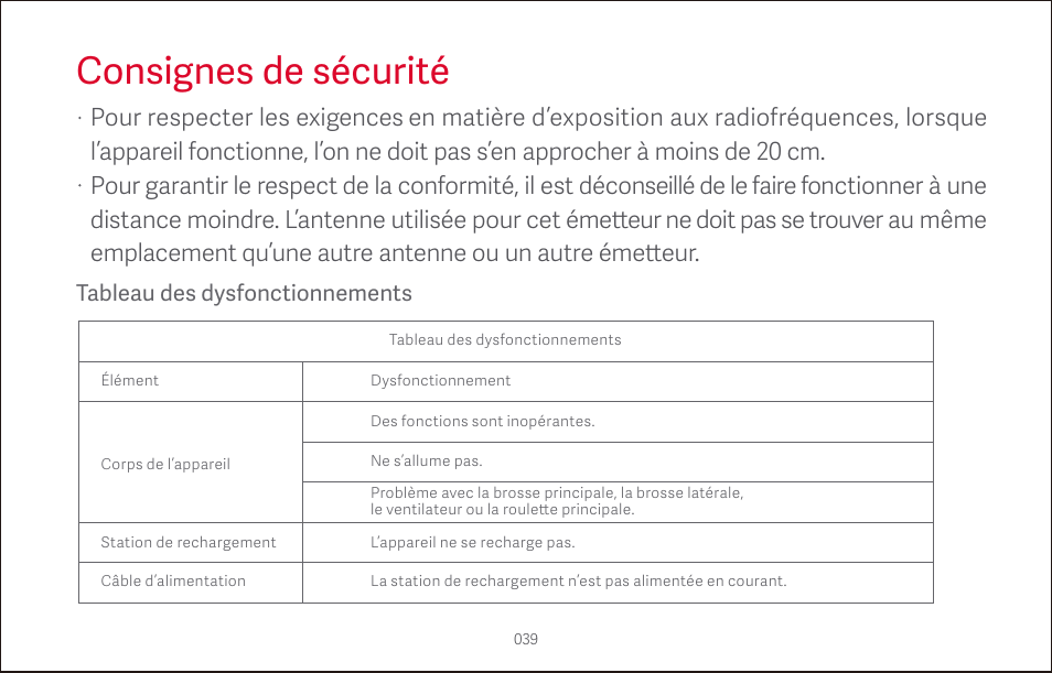 Consignes de sécurité, Tableau des dysfonctionnements | Roborock S4 CE User Manual | Page 42 / 168