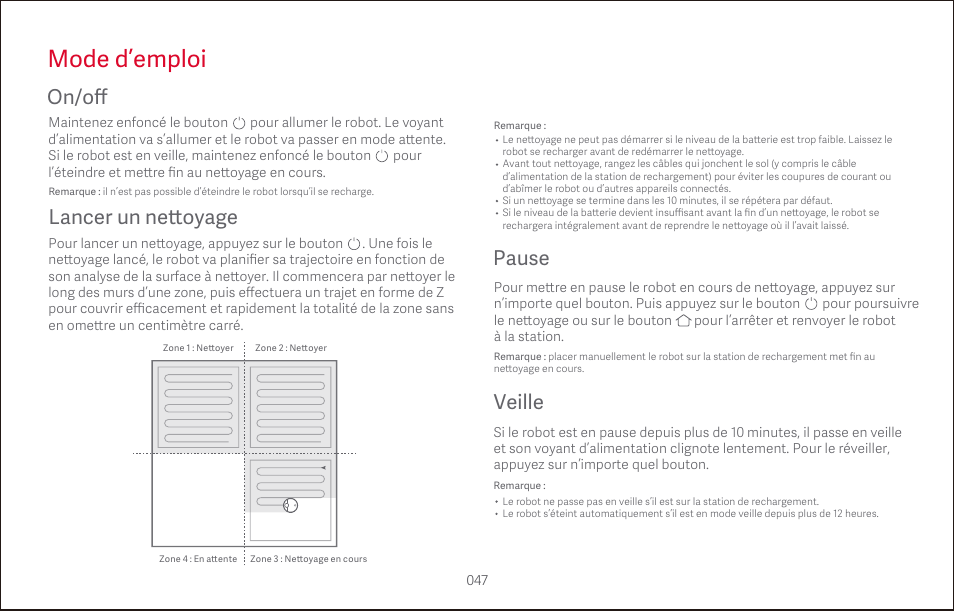 Mode d’emploi, On/o ﬀ, Lancer un ne tt oyage | Pause, Veille | Roborock S4 CE User Manual | Page 50 / 168