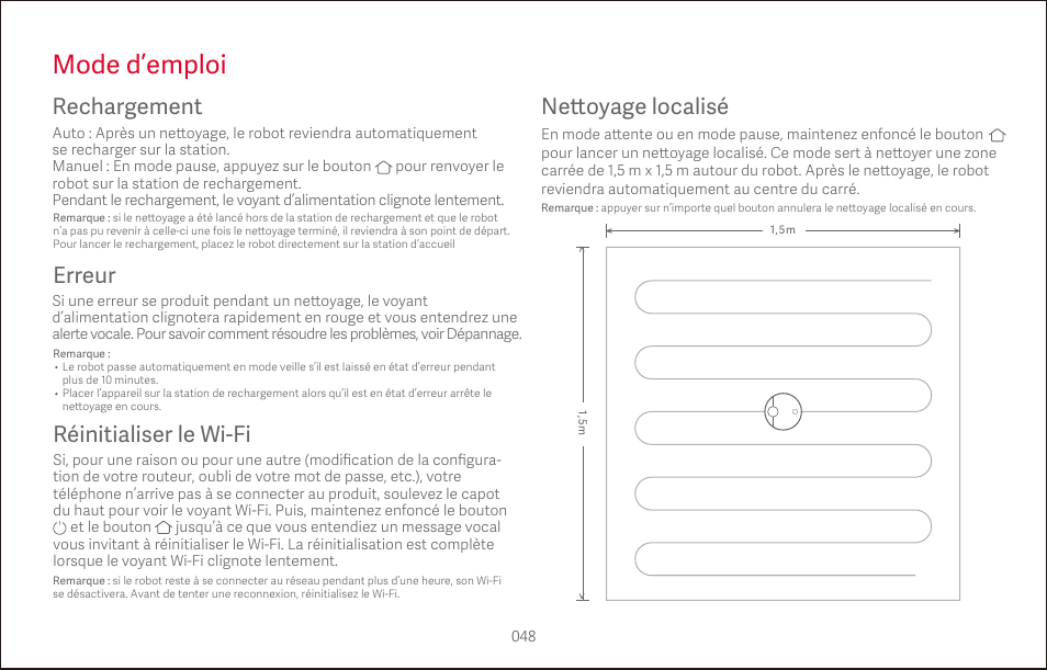 Mode d’emploi, Erreur rechargement, Réinitialiser le wi-fi | Ne tt oyage localisé | Roborock S4 CE User Manual | Page 51 / 168