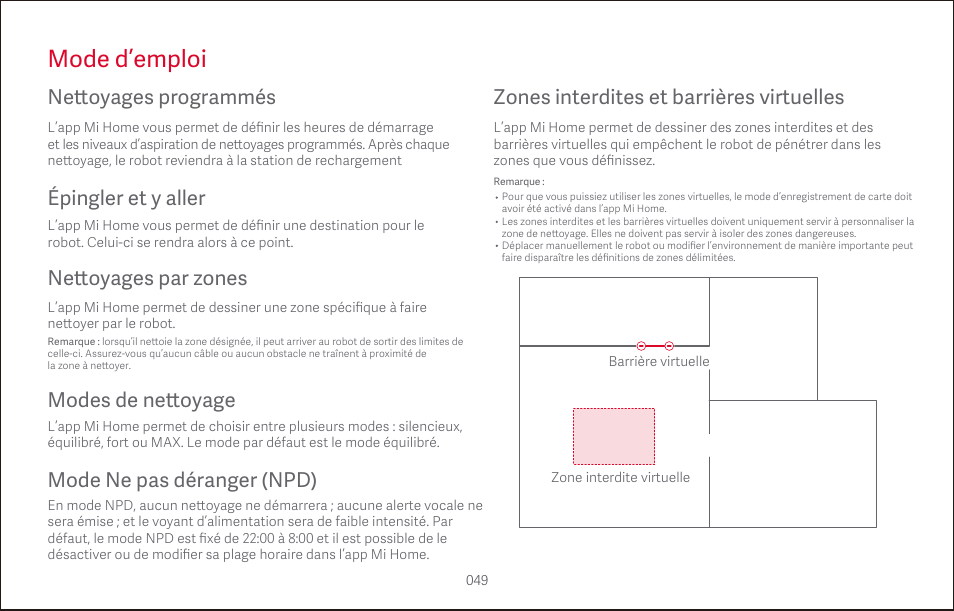 Mode d’emploi, Ne tt oyages programmés, Épingler et y aller mode ne pas déranger (npd) | Ne tt oyages par zones | Roborock S4 CE User Manual | Page 52 / 168