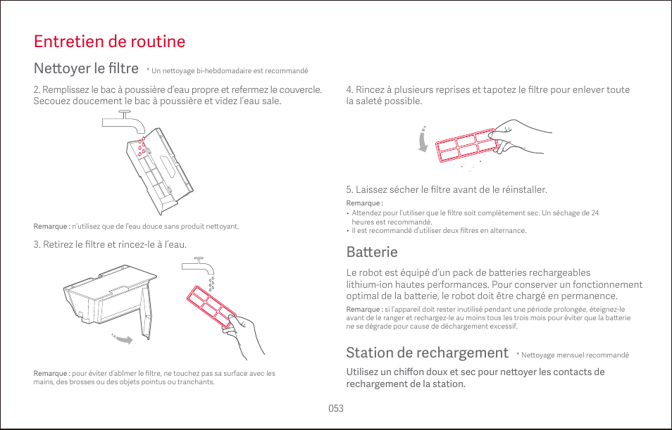 Entretien de routine, Ba tt erie, Station de rechargement | Ne tt oyer le filtre | Roborock S4 CE User Manual | Page 56 / 168