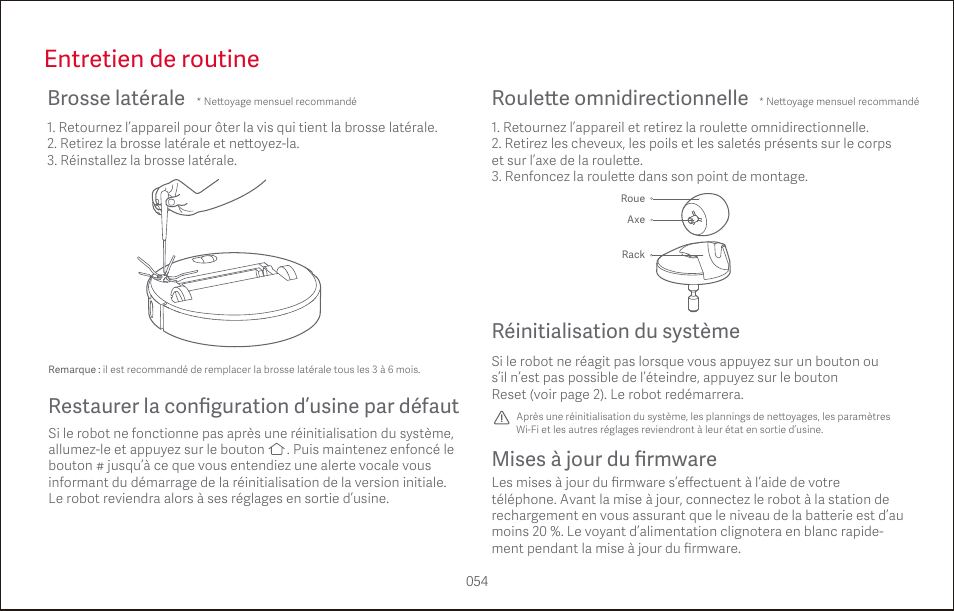 Entretien de routine, Brosse latérale, Roule tt e omnidirectionnelle | Réinitialisation du système | Roborock S4 CE User Manual | Page 57 / 168