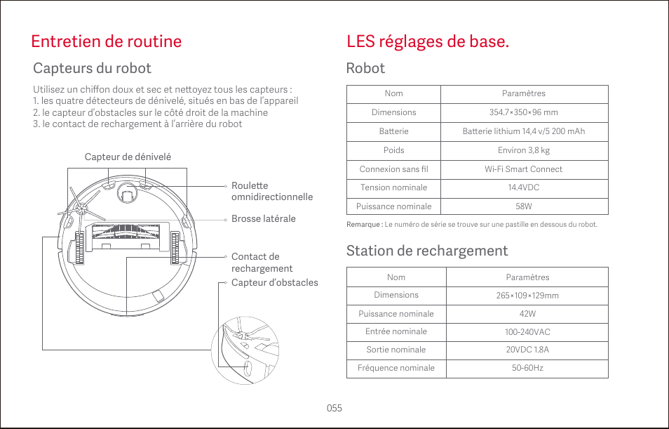 Entretien de routine les réglages de base, Capteurs du robot, Robot | Station de rechargement | Roborock S4 CE User Manual | Page 58 / 168