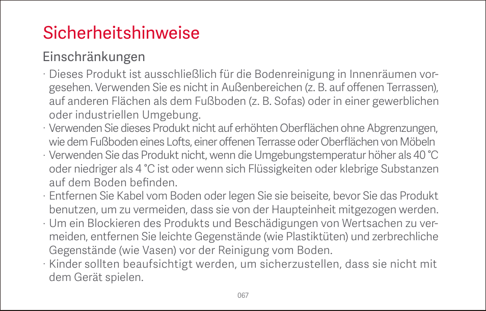 Sicherheitshinweise, Einschränkungen | Roborock S4 CE User Manual | Page 70 / 168