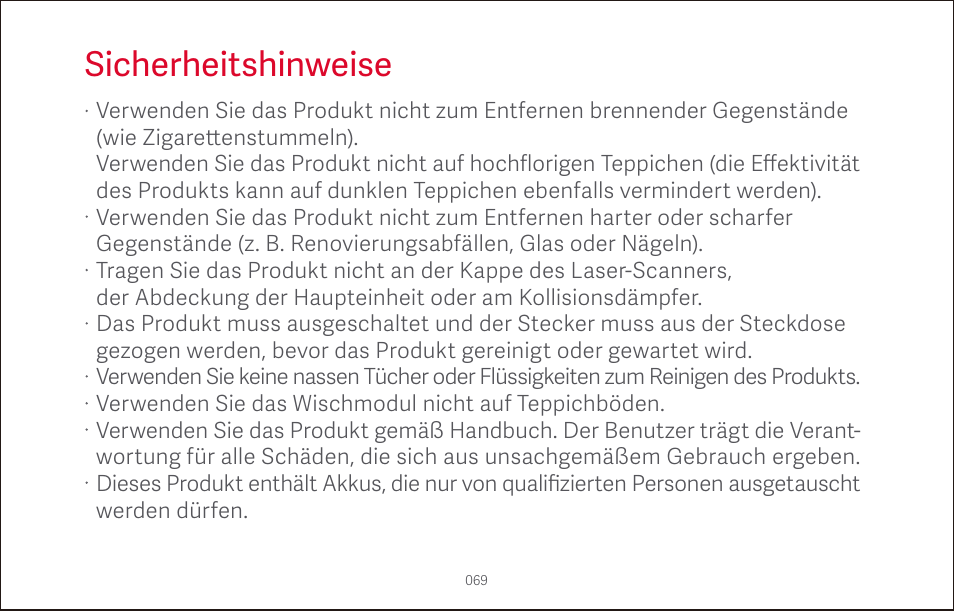 Sicherheitshinweise | Roborock S4 CE User Manual | Page 72 / 168