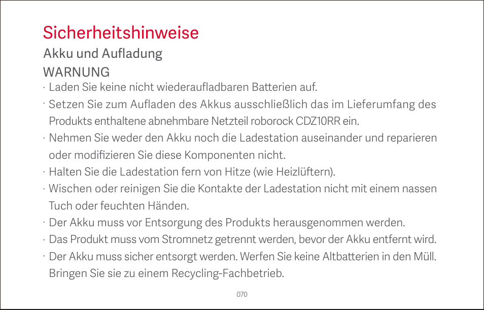 Sicherheitshinweise, Akku und aufladung warnung | Roborock S4 CE User Manual | Page 73 / 168