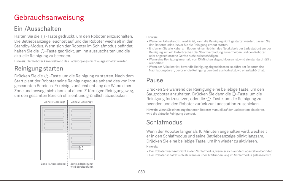 Gebrauchsanweisung, Ein-/ausschalten, Reinigung starten | Pause, Schlafmodus | Roborock S4 CE User Manual | Page 83 / 168
