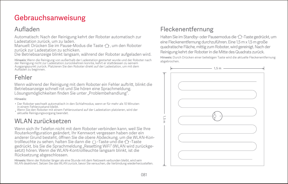 Gebrauchsanweisung, Fehler aufladen, Wlan zurücksetzen | Fleckenentfernung | Roborock S4 CE User Manual | Page 84 / 168