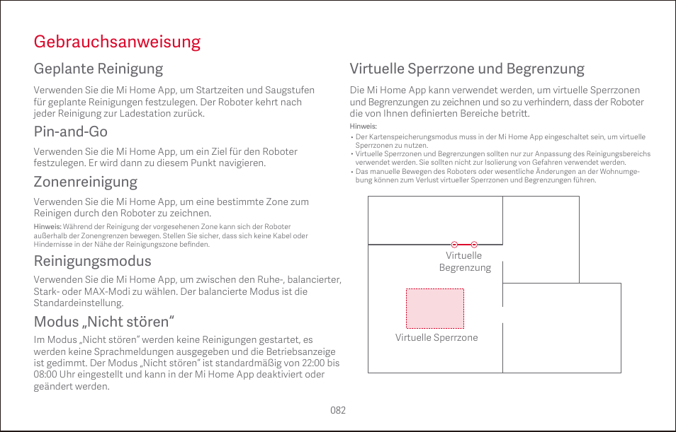 Gebrauchsanweisung, Geplante reinigung, Pin-and-go | Reinigungsmodus virtuelle sperrzone und begrenzung, Zonenreinigung modus „nicht stören | Roborock S4 CE User Manual | Page 85 / 168