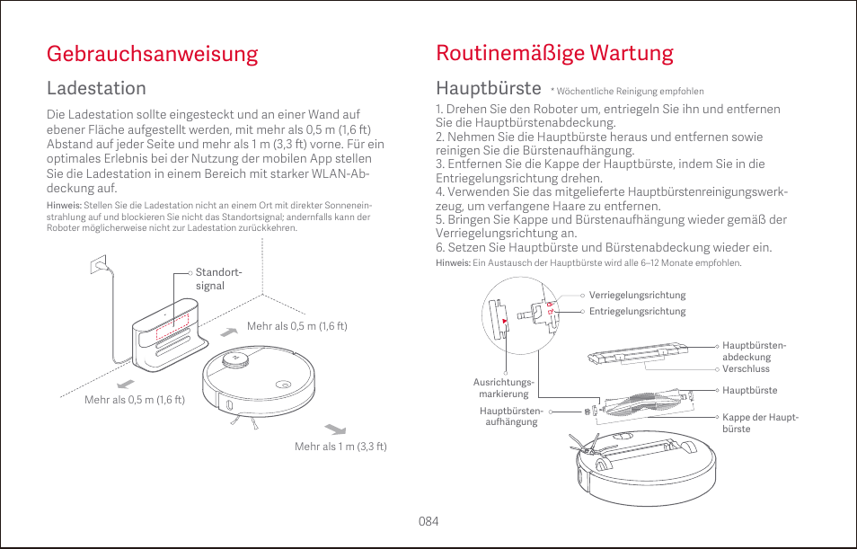Gebrauchsanweisung, Routinemäßige wartung, Ladestation | Hauptbürste | Roborock S4 CE User Manual | Page 87 / 168
