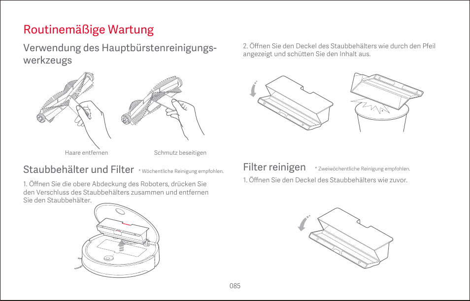 Routinemäßige wartung, Filter reinigen, Verwendung des hauptbürstenreinigungs- werkzeugs | Staubbehälter und filter | Roborock S4 CE User Manual | Page 88 / 168