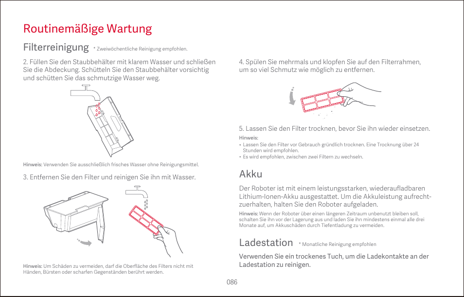 Routinemäßige wartung, Akku, Ladestation | Filterreinigung | Roborock S4 CE User Manual | Page 89 / 168