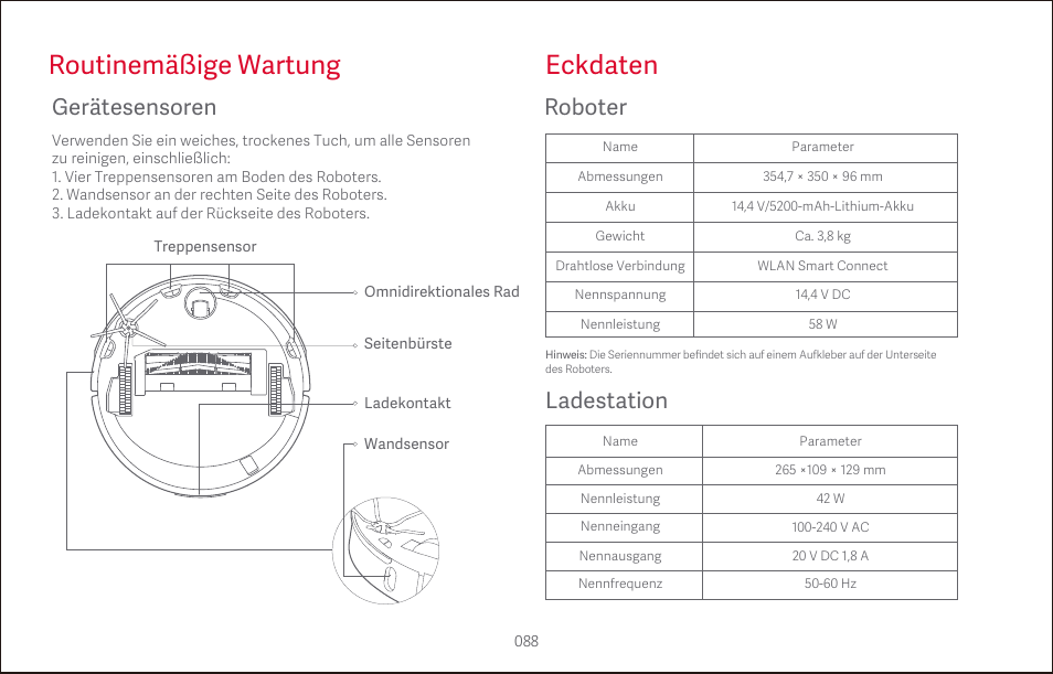 Routinemäßige wartung eckdaten, Gerätesensoren, Roboter | Ladestation | Roborock S4 CE User Manual | Page 91 / 168