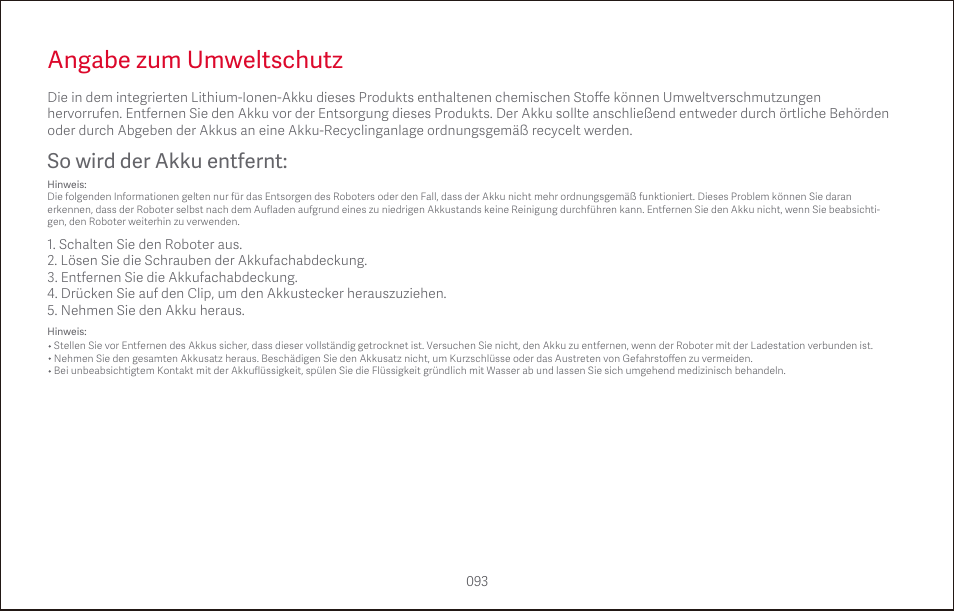Angabe zum umweltschutz, So wird der akku entfernt | Roborock S4 CE User Manual | Page 96 / 168