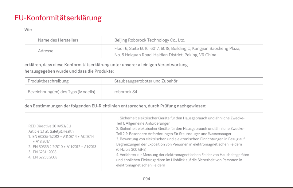 Eu-konformitätserklärung | Roborock S4 CE User Manual | Page 97 / 168