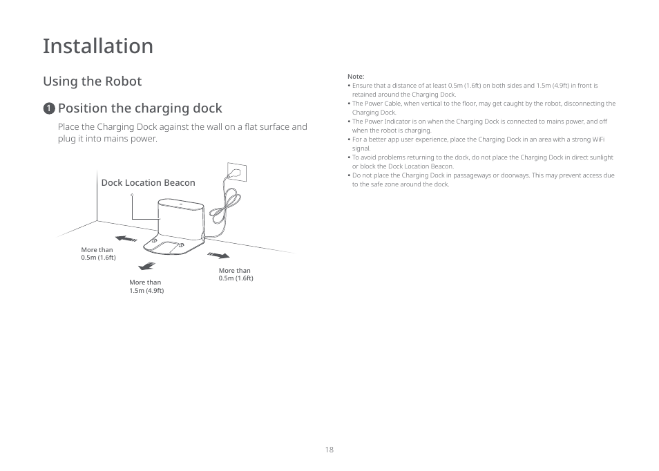 Installation, Using the robot, Position the charging dock | Roborock E5 FCC User Manual | Page 20 / 40