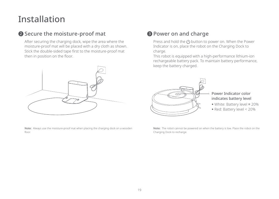 Installation, Secure the moisture-proof mat, Power on and charge | Roborock E5 FCC User Manual | Page 21 / 40