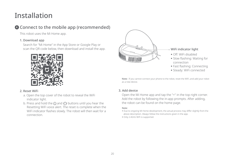Installation, Connect to the mobile app (recommended) | Roborock E5 FCC User Manual | Page 22 / 40
