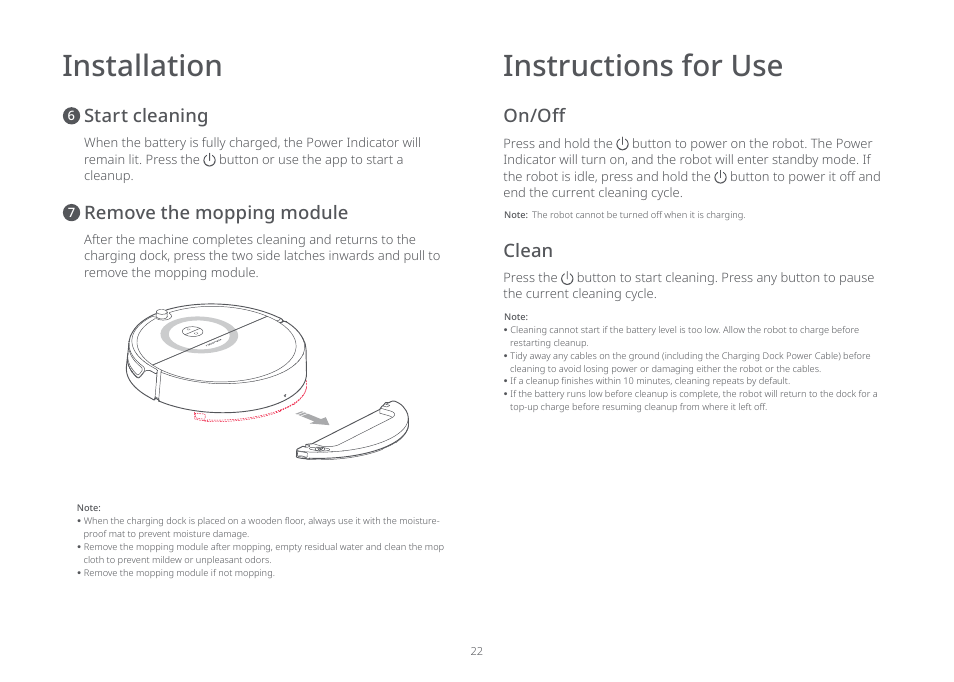 Installation, Instructions for use, Start cleaning | Remove the mopping module, Clean | Roborock E5 FCC User Manual | Page 24 / 40