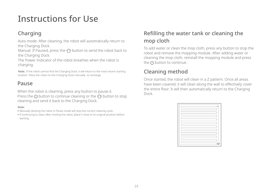 Instructions for use, Pause, Charging | Cleaning method, Mop cloth | Roborock E5 FCC User Manual | Page 25 / 40