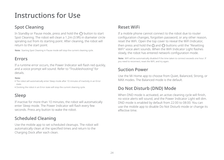 Instructions for use, Sleep, Scheduled cleaning | Spot cleaning, Suction power do not disturb (dnd) mode, Reset wifi, Errors | Roborock E5 FCC User Manual | Page 26 / 40