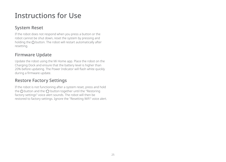 Instructions for use, System reset, Firmware update | Restore factory settings | Roborock E5 FCC User Manual | Page 27 / 40