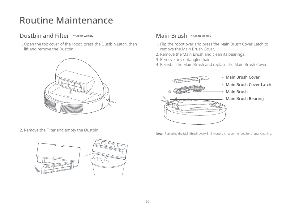 Routine maintenance, Dustbin and filter main brush | Roborock E5 FCC User Manual | Page 28 / 40