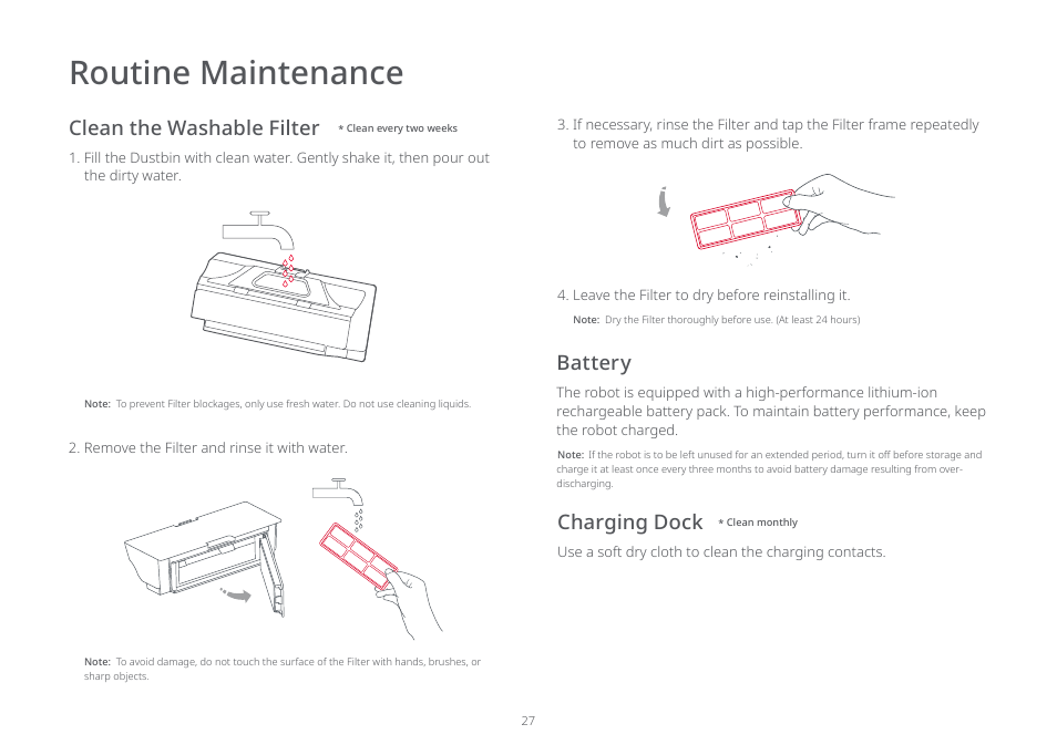 Routine maintenance, Clean the washable filter, Charging dock | Battery | Roborock E5 FCC User Manual | Page 29 / 40