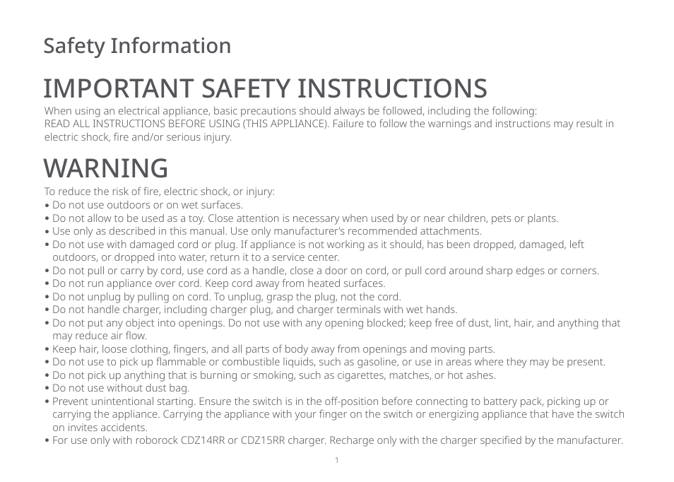 Important safety instructions warning, Safety information | Roborock E5 FCC User Manual | Page 3 / 40