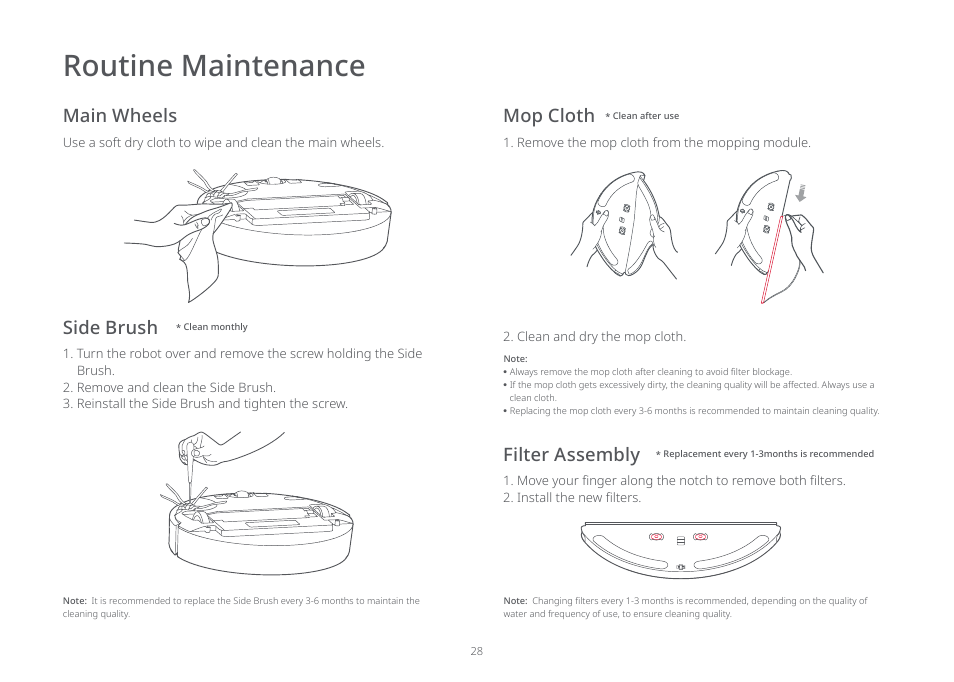 Routine maintenance, Side brush filter assembly mop cloth, Main wheels | Roborock E5 FCC User Manual | Page 30 / 40