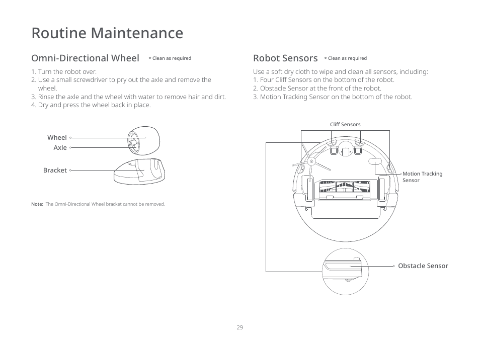 Routine maintenance, Omni-directional wheel robot sensors | Roborock E5 FCC User Manual | Page 31 / 40