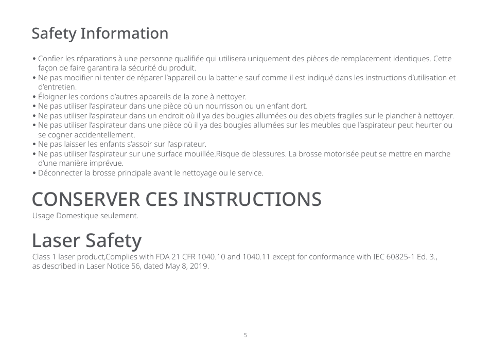 Conserver ces instructions laser safety, Safety information | Roborock E5 FCC User Manual | Page 7 / 40