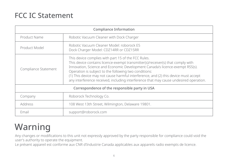 Warning, Fcc ic statement | Roborock E5 FCC User Manual | Page 8 / 40