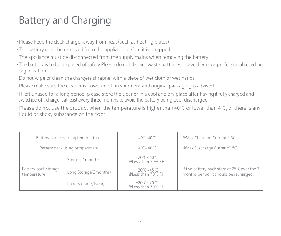 Battery and charging | Roborock E2 User Manual | Page 10 / 28