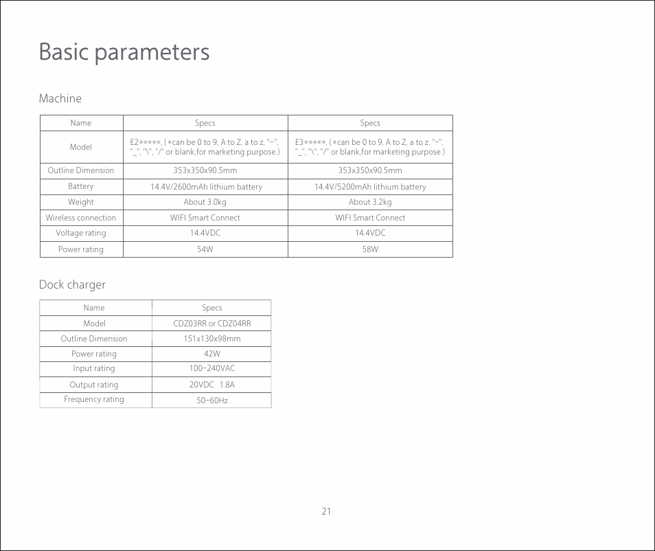 Basic parameters, Machine, Dock charger | Roborock E2 User Manual | Page 23 / 28