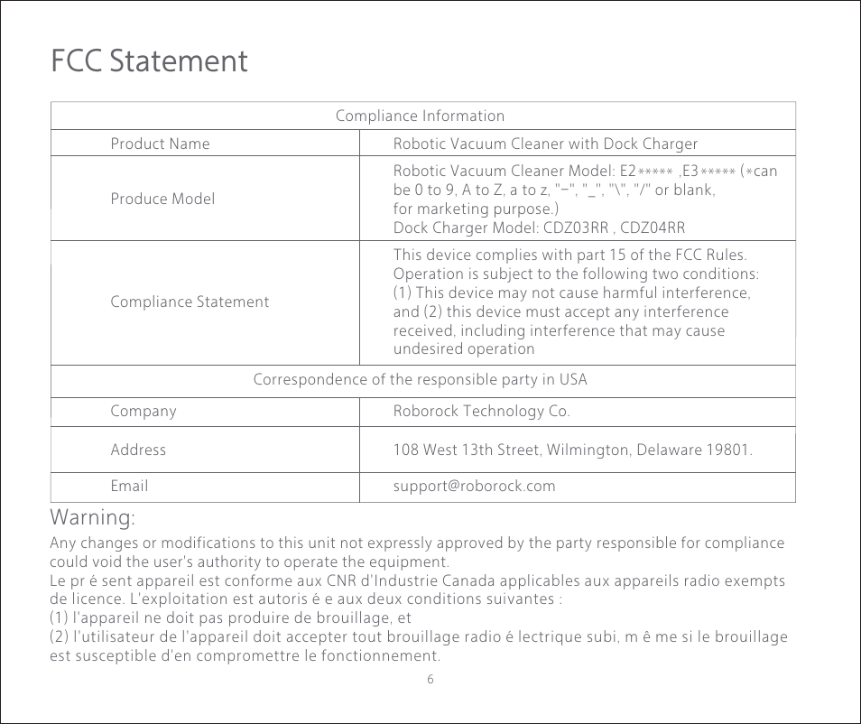 Fcc statement, Warning | Roborock E2 User Manual | Page 8 / 28