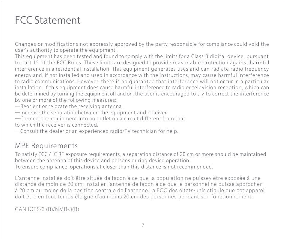 Fcc statement, Mpe requirements | Roborock E2 User Manual | Page 9 / 28