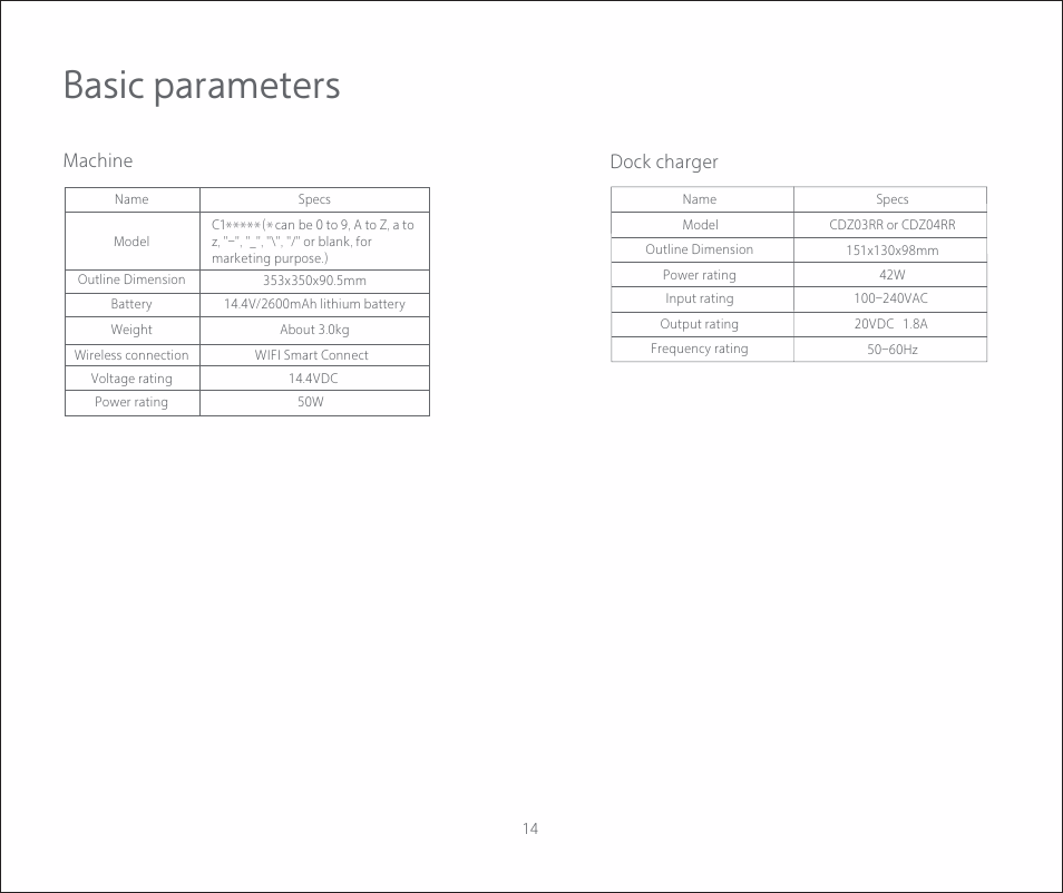 Basic parameters, Dock charger machine | Roborock C1 CE User Manual | Page 15 / 24