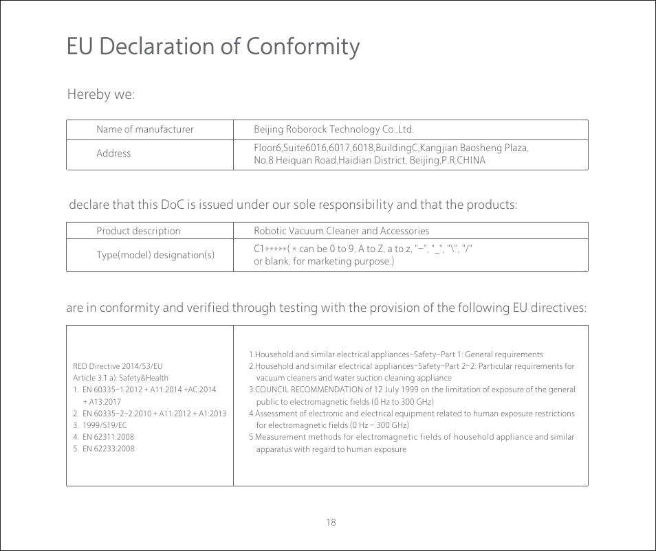 Eu declaration of conformity, Hereby we | Roborock C1 CE User Manual | Page 19 / 24