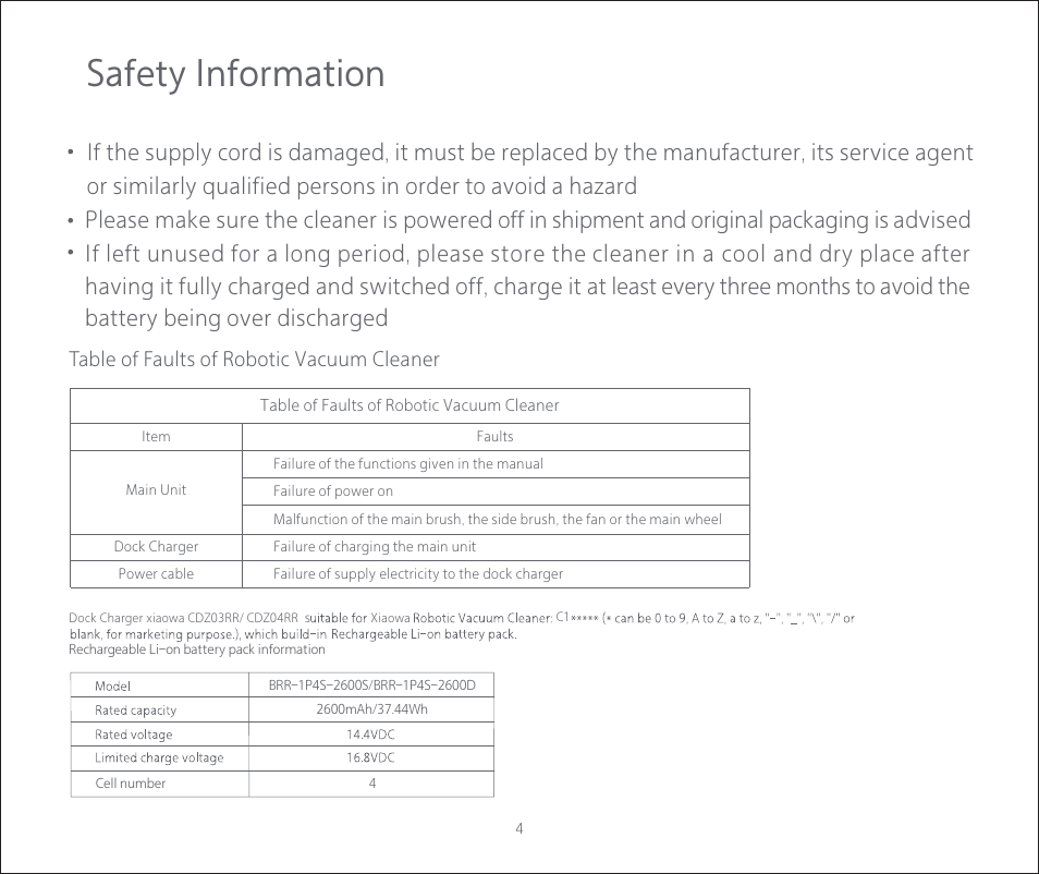 Safety information, Table of faults of robotic vacuum cleaner | Roborock C1 CE User Manual | Page 5 / 24